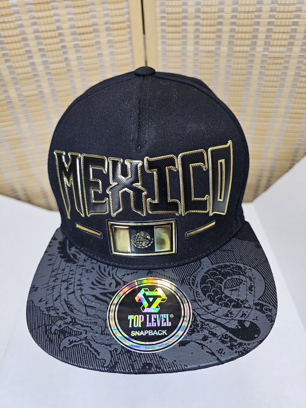 Top Level Mexico Mexican Flag Snapback Hat Black Gold Flat Brim One Size NWT